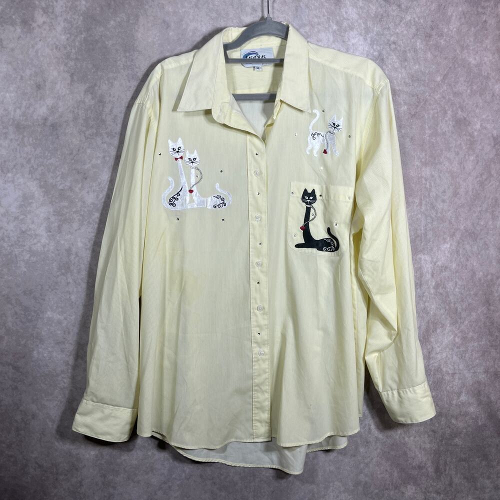 Las Olas By Oved International Shirt Womens Size‎ XL Yellow Striped Cat Western